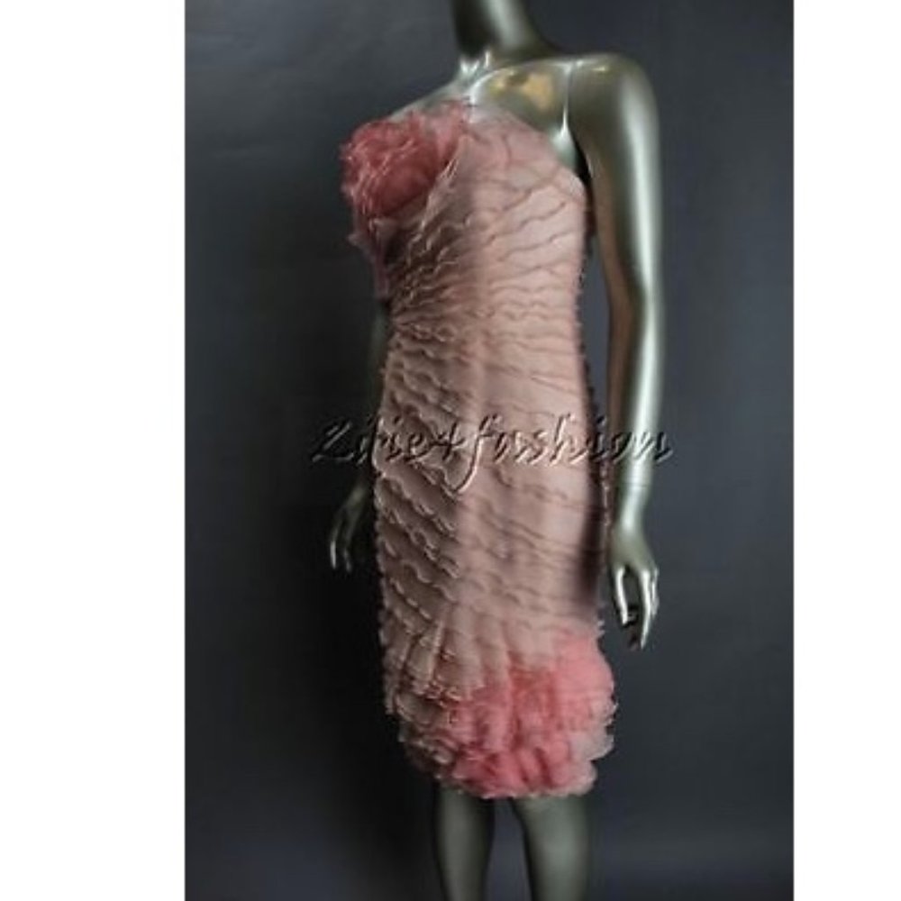 $1980 New CARMEN MARC VALVO Pink Coral Tiered Ruffle Rosette Strapless Dress 2